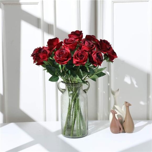 Red Roses Artificial Flowers -12 pcs Realistic Long Stem Fake Silk Roses Bouquet - Picture 4 of 7